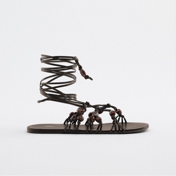 Zara Beaded Lace Up Leather Gladiator Sandals - Picture 5 of 5